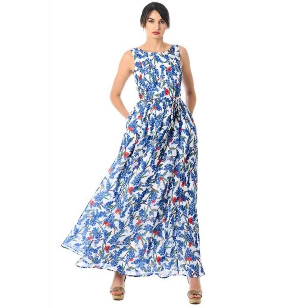 {eShakti} Pleat Bib Floral Print Georgette Maxi Dress - Size XS (2)